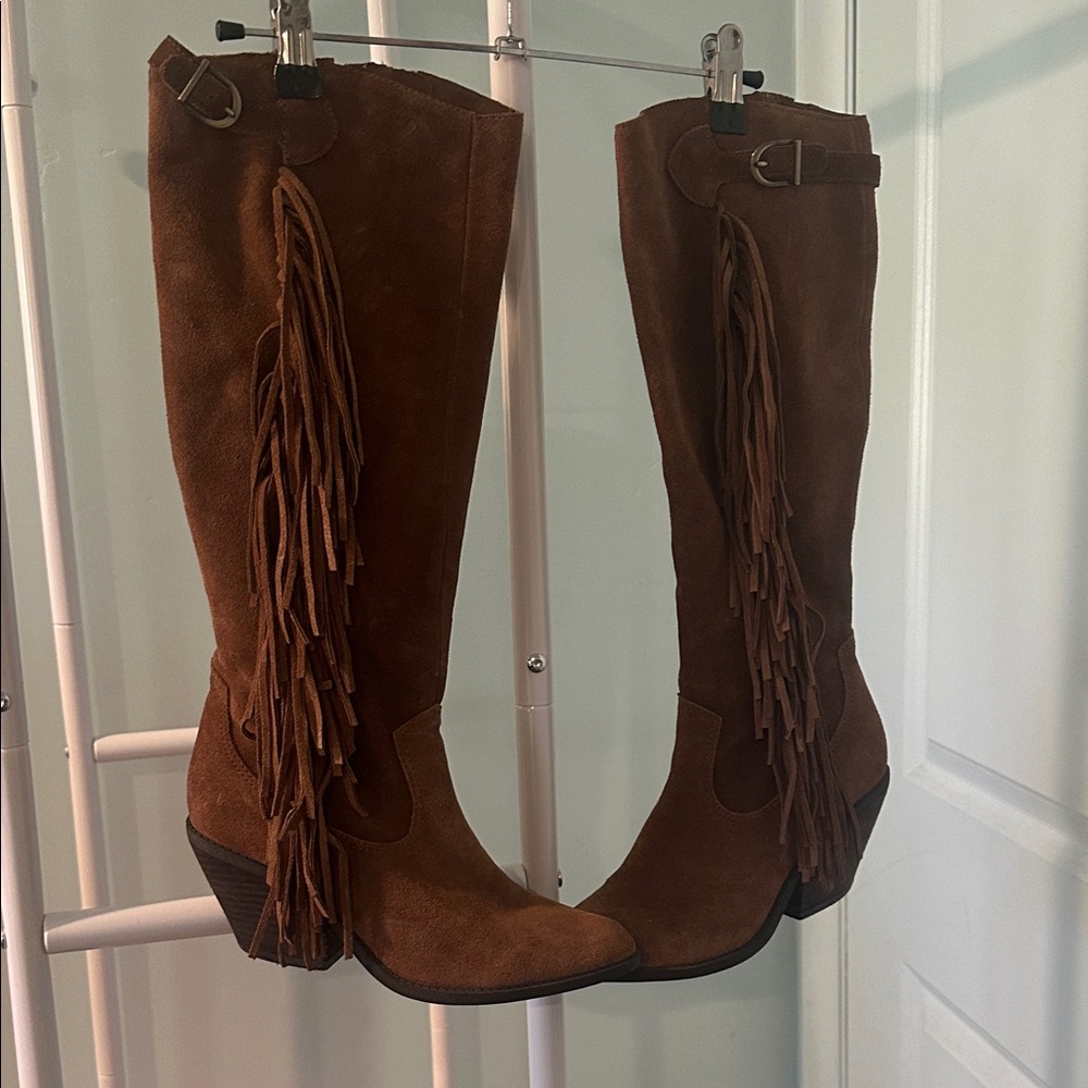 Carlos Santana Brown Suede Fringe Knee-High Boots